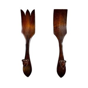 Vintage 1970s Large Wooden Spoon and Fork Wall Candlestick Art